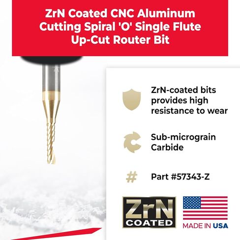 Amana Tool 57340-Z SC Spiral O Single Flute Improved Surface Finish Aluminum Cutting 1/16 D x 3/16 CH x 1/8 SHK x 1-1/2 Inch Long Up-Cut ZrN Coated Router Bit withMirror Finish in Saudi Arabia