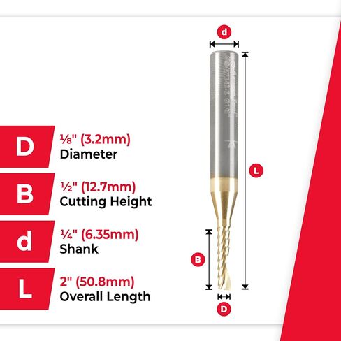 Amana Tool 57340-Z SC Spiral O Single Flute Improved Surface Finish Aluminum Cutting 1/16 D x 3/16 CH x 1/8 SHK x 1-1/2 Inch Long Up-Cut ZrN Coated Router Bit withMirror Finish in Saudi Arabia