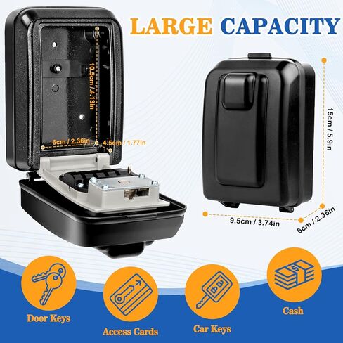 صندوق قفل مفتاح مثبت على الحائط، صندوق قفل مقاوم للماء للمفاتيح مع رمز - رمز قابل لإعادة الضبط، صندوق قفل آمن للاستخدام الخارجي بسعة كبيرة مع 3 مفاتيح احتياطية لمكتب المرآب المنزلي in Kuwait