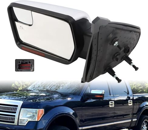 Left Driver Side Mirror Assembly Compatible with F Series 150 2009-2014 Side Door Mirror w/Heated & Turn Signal & Floor Lamp and Memory FO1321411 Chrome (14 Pins) in Saudi Arabia