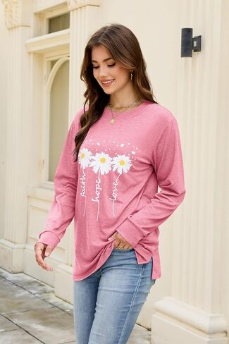 Long Sleeve Shirts for Women Fall Winter Clothes Tunic Tops Daisy Shirt Loose Cozy Cute Pullover Tee Casual Sweatshirts in Saudi Arabia