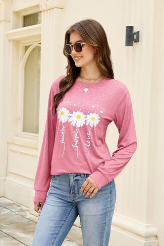 Long Sleeve Shirts for Women Fall Winter Clothes Tunic Tops Daisy Shirt Loose Cozy Cute Pullover Tee Casual Sweatshirts in Saudi Arabia