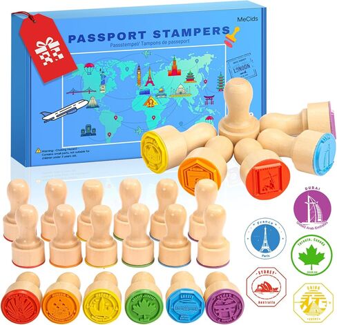 MeCids Passport Stamps for Kids – City and Country Stamp Set |24 International Places, Perfect for Learning, Arts & Crafts, Scrapbooking, Classroom Activities, Travel Theme |Wooden Stamper Gift Choice in Kuwait