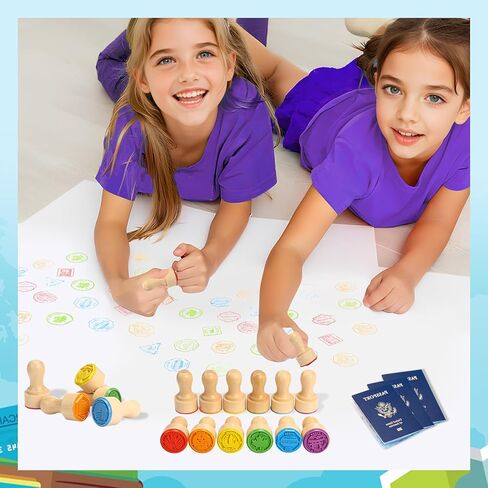 MeCids Passport Stamps for Kids – City and Country Stamp Set |24 International Places, Perfect for Learning, Arts & Crafts, Scrapbooking, Classroom Activities, Travel Theme |Wooden Stamper Gift Choice in Kuwait