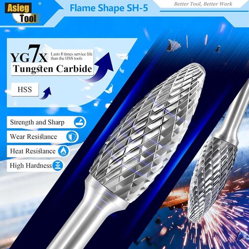 SH-5 5pcs Tungsten Carbide Burr TiN Rotary File Flame Shape Double Cut with 1/4''Shank for Die Grinder Drill Bit in Saudi Arabia