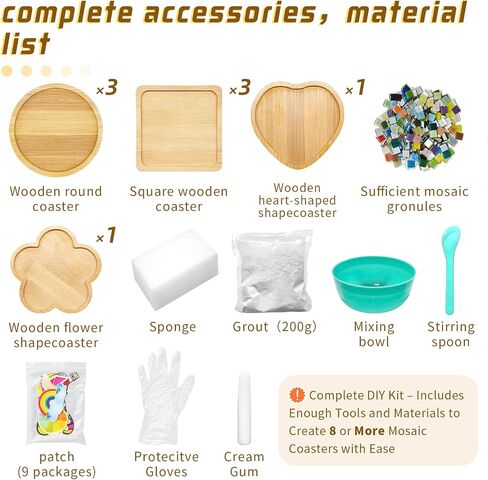 Wulqiiy 8 Sets DIY Mosaic Coaster Kit – Mixed Color Glass Mosaic Tiles for Crafts with Wooden Drink Coasters, Bamboo Handmade Tray Craft Set for Adults, Home Decoration & Gift in Saudi Arabia
