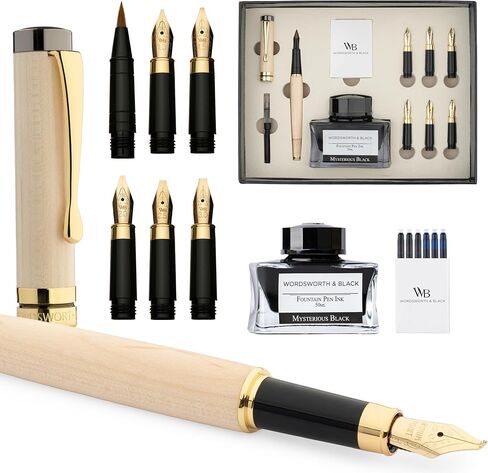 Wordsworth & Black Calligraphy Pen Gift Set, Includes Ink Bottle, 6 Ink Cartridges, Ink Refill Converter, 6 Replacement Nibs, Luxury Bamboo, Journaling, Smooth Writing Pens [Maple Wood] in Saudi Arabia