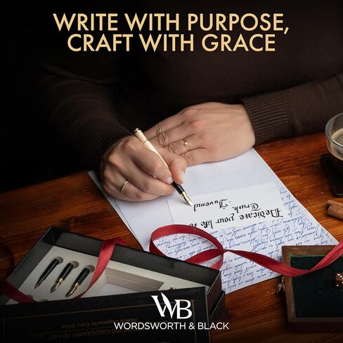 Wordsworth & Black Calligraphy Pen Gift Set, Includes Ink Bottle, 6 Ink Cartridges, Ink Refill Converter, 6 Replacement Nibs, Luxury Bamboo, Journaling, Smooth Writing Pens [Maple Wood] in Saudi Arabia