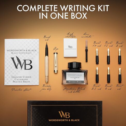 Wordsworth & Black Calligraphy Pen Gift Set, Includes Ink Bottle, 6 Ink Cartridges, Ink Refill Converter, 6 Replacement Nibs, Luxury Bamboo, Journaling, Smooth Writing Pens [Maple Wood] in Saudi Arabia
