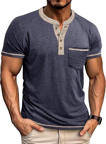 Men's Henley Shirts Short Sleeve Casual Lightweight Button Tee Beach Raglan Tops with Pocket in Saudi Arabia
