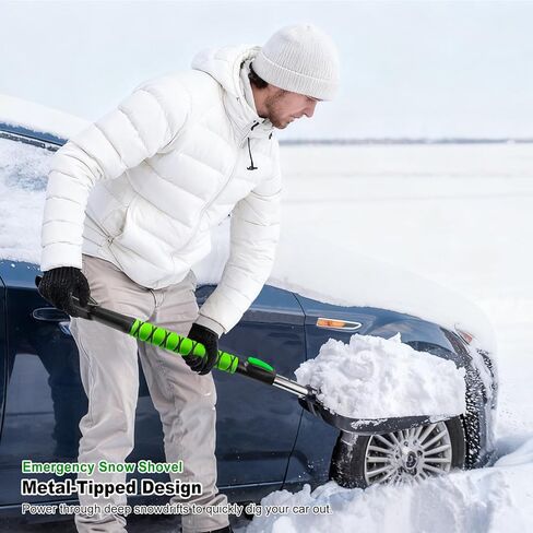 SEAAES Snow Brush and Emergency Snow Shovel for Car, Extendable Snow Ice Scraper with Foam Grip, Compact Snow Shovel for SUV Truck Vehicle Windshield Window - Green in Kuwait