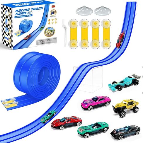 15 Ft Flexible Race Car Track for Kids, Rolls Up Portable Race Tracks with 6 Car & Suction Cups, Compatible with Hot Wheels and Diecast 1/64th Cars, Birthday Gifts for Boys Girls in Saudi Arabia