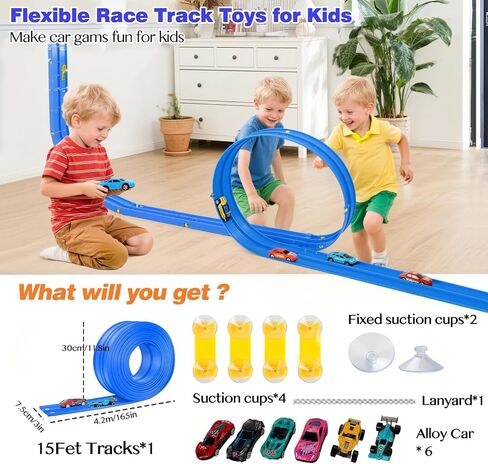 15 Ft Flexible Race Car Track for Kids, Rolls Up Portable Race Tracks with 6 Car & Suction Cups, Compatible with Hot Wheels and Diecast 1/64th Cars, Birthday Gifts for Boys Girls in Saudi Arabia
