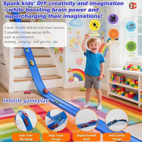 15 Ft Flexible Race Car Track for Kids, Rolls Up Portable Race Tracks with 6 Car & Suction Cups, Compatible with Hot Wheels and Diecast 1/64th Cars, Birthday Gifts for Boys Girls in Saudi Arabia