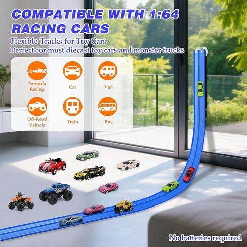 15 Ft Flexible Race Car Track for Kids, Rolls Up Portable Race Tracks with 6 Car & Suction Cups, Compatible with Hot Wheels and Diecast 1/64th Cars, Birthday Gifts for Boys Girls in Saudi Arabia