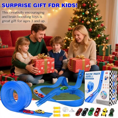 15 Ft Flexible Race Car Track for Kids, Rolls Up Portable Race Tracks with 6 Car & Suction Cups, Compatible with Hot Wheels and Diecast 1/64th Cars, Birthday Gifts for Boys Girls in Saudi Arabia