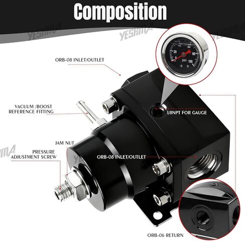 YESHMA EFI Fuel Pressure Regulator Kit 3-70psi with Gauge Springs Universal Adjustable Aluminum 8AN Feed to 6AN Return (Black) in Saudi Arabia