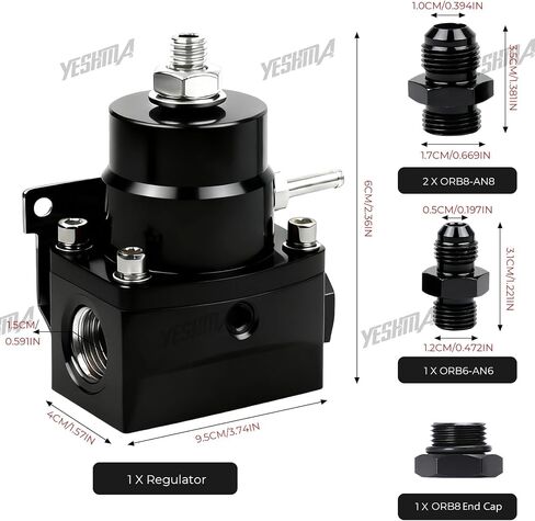 YESHMA EFI Fuel Pressure Regulator Kit 3-70psi with Gauge Springs Universal Adjustable Aluminum 8AN Feed to 6AN Return (Black) in Saudi Arabia