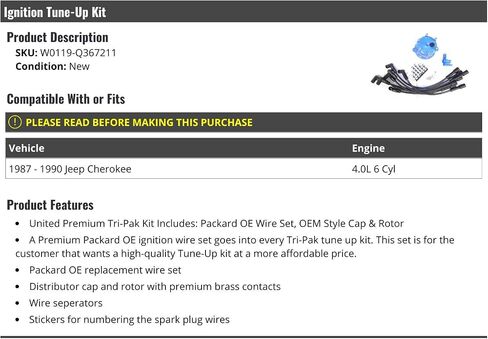 Ignition Tune-Up Kit - OE Spark Plug Wire Set, Cap and Rotor - Compatible with 1987-1990 Jeep Cherokee 4.0L 6-Cylinder in Saudi Arabia