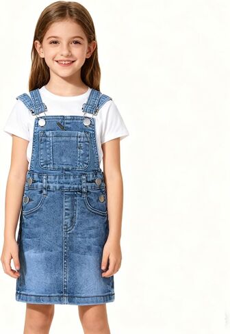 Girls Casual Denim Overalls Stretch Material Dress Button Sleeveless Ajustable Strap Jean Fashion Wear 3-11T in Kuwait