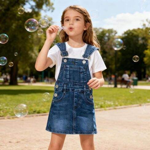 Girls Casual Denim Overalls Stretch Material Dress Button Sleeveless Ajustable Strap Jean Fashion Wear 3-11T in Kuwait