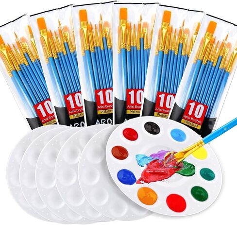 Painting Brush Palette Set, with 6 Packs of 60 Brushes and 6 Palettes,Nylon Brush Head, Suitable for Oil Watercolor, etc., Perfect Art Painting Set. in Saudi Arabia