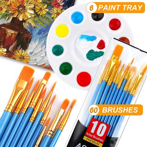 Painting Brush Palette Set, with 6 Packs of 60 Brushes and 6 Palettes,Nylon Brush Head, Suitable for Oil Watercolor, etc., Perfect Art Painting Set. in Saudi Arabia