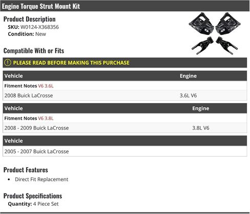 Engine Torque Strut Mount Kit - 4 Piece - Compatible with 2005-2009 Buick LaCrosse in Saudi Arabia