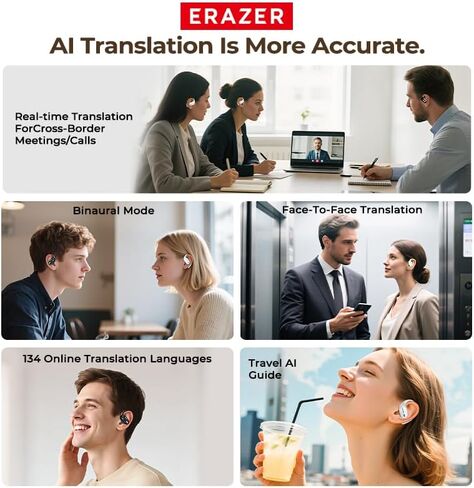 سماعات أذن للترجمة XP18 AI في الوقت الحقيقي، جهاز مترجم 134 لغة بدون اشتراك، سماعة أذن مترجم بلوتوث 6.0 3 في 1 مع 7 أوضاع ترجمة للسفر واجتماعات العمل والتعلم باللون الأسود in Kuwait