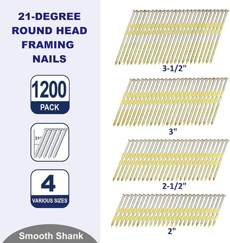 HW HAMWOO Framing Nails,21°Round Head Nail Pack,600-Pack (2"- 150Pcs,2-1/2"- 150Pcs,3"- 150Pcs, 3-1/2"- 150Pcs),Hot Dipped Galvanized,Smooth Shank in Kuwait