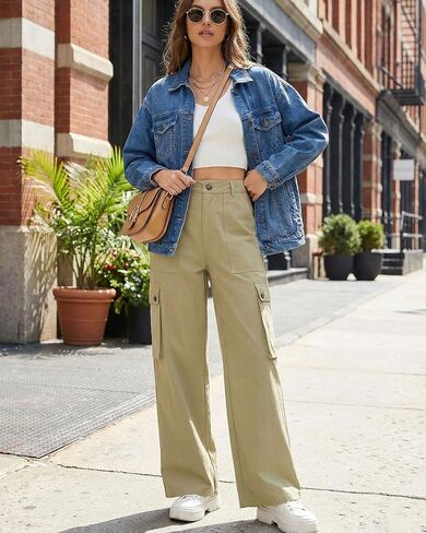 Women High Waisted Loose Cargo Pants Baggy Wide Leg 6 Pockets Casual Trousers in Saudi Arabia