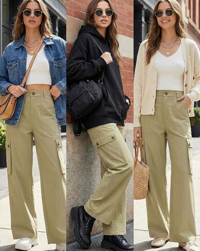 Women High Waisted Loose Cargo Pants Baggy Wide Leg 6 Pockets Casual Trousers in Saudi Arabia