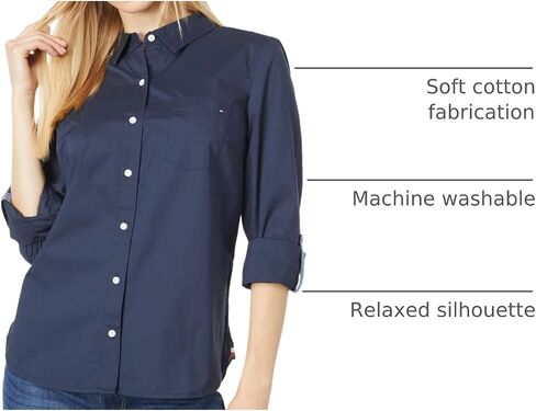 Tommy Hilfiger womens Classic Long Sleeve Roll Tab (Standard and Plus Size) Button Down Shirt, Scarlet 01, X-Small US in Saudi Arabia