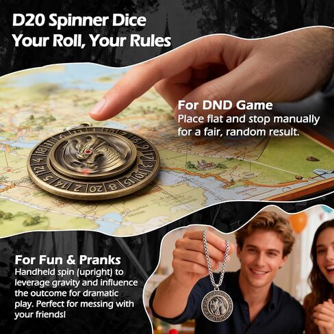 Haxtec D20 Spinner Dice Keychain DND قلادة مجموعة النرد المعدنية المحمولة D&D متوافقة مع الزنزانات والتنينات هدايا تخزين المواد TTRPG البرونزية in Kuwait