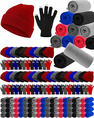 Panitay 150 Pcs Winter Beanies Gloves Fleece Throw Blankets in Bulk Winter Unisex Hat Touchscreen Gloves for Men Woman Homeless Shelter Donating Warm Gift in Saudi Arabia