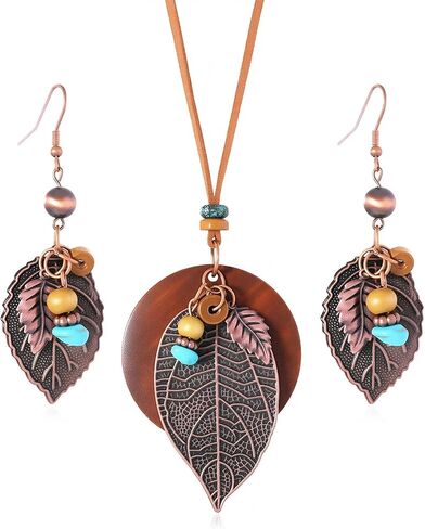 Wooden Leather Necklaces Set Bohemian Wood Stack Discs Long Chain Hemp Rope Bronze Plated Pendant Ethnic Tribal Fall Leaf Earrings Jewelry Statement Necklace in Kuwait