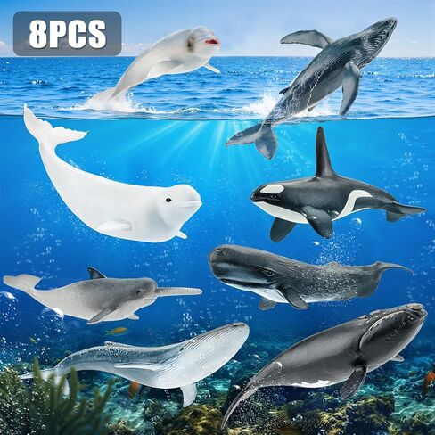8 قطع من ألعاب تماثيل الحوت للأطفال الصغار، أشكال حيوانات المحيط الواقعية ومخلوقات البحر للأطفال تتضمن حوت بيلوجا أوركا الأزرق، هدايا وهدايا لحفلات أعياد الميلاد للأولاد والبنات in Kuwait