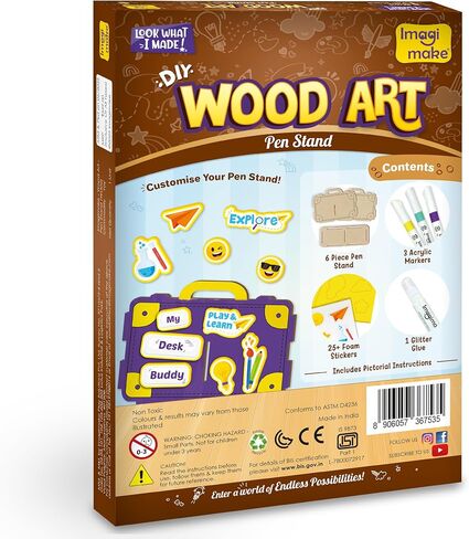 Imagimake DIY Wood Art Mega Pack | قم ببناء بيت الطيور الخشبي، 3 إطارات صور وحامل أقلام | أعمال الرسم على الخشب للأطفال | أكثر من 100 ملصق إسفنجي للحرف الخشبية | هدايا عيد ميلاد للأولاد والبنات للأعمار 5,6,7,8,9 in Kuwait