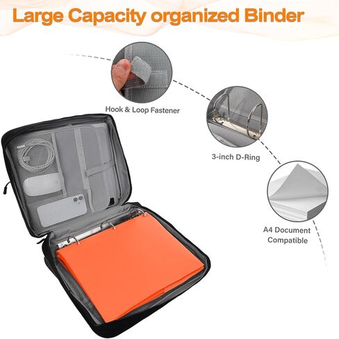 MOSISO Zippered Binder Bag with Handle, 3 inch D-Ring Binder Organizer, 700 Sheets Capacity Multiple Pockets Bag for Office with Cup Holder & Shoulder Strap for 13 inch Laptop/Tablet, Black in Saudi Arabia