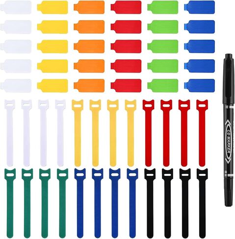 60 Pack Reusable Cable Labels & Cord Organizer Kit – Color-Coded Write-On Wire Labels with Marker + 30 Ties for Home Office Electronics Cord Management in Saudi Arabia