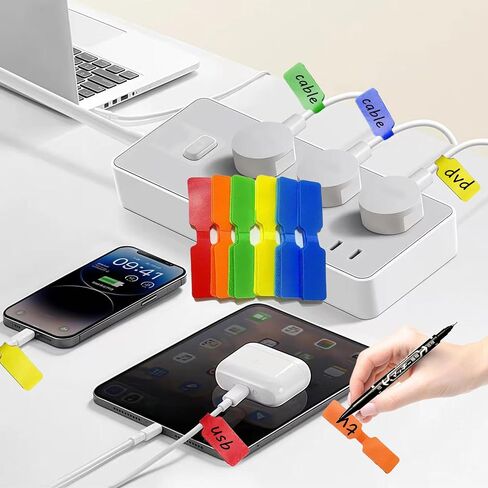 60 Pack Reusable Cable Labels & Cord Organizer Kit – Color-Coded Write-On Wire Labels with Marker + 30 Ties for Home Office Electronics Cord Management in Saudi Arabia