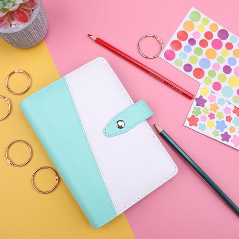 A6 Binder Cover for Refill Paper, Refillable Budget Planner With Magnetic Closure - PU Leather 6 Ring Notebook Personal Organizer, White & Mint Blue in Saudi Arabia