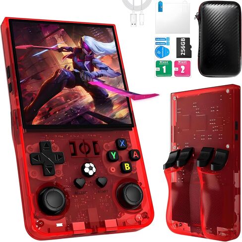 وحدة تحكم ألعاب محمولة R36MAX، وحدة تحكم ألعاب 40000+ Games Retro، وحدة تحكم فيديو صغيرة ببطاقة TF سعة 256 جيجابايت، 4000 مللي أمبير قابلة لإعادة الشحن 4.0 بوصة IPS HD شاشة جيب محمولة (أحمر شفاف) in Kuwait