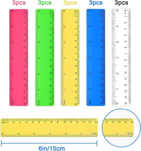 15pcs Color Transparent Ruler, 15cm 6Inch Straight Ruler with Centimeters and Inches Plastic Rulers for School Classroom Home Office (Assorted Colors) in Saudi Arabia