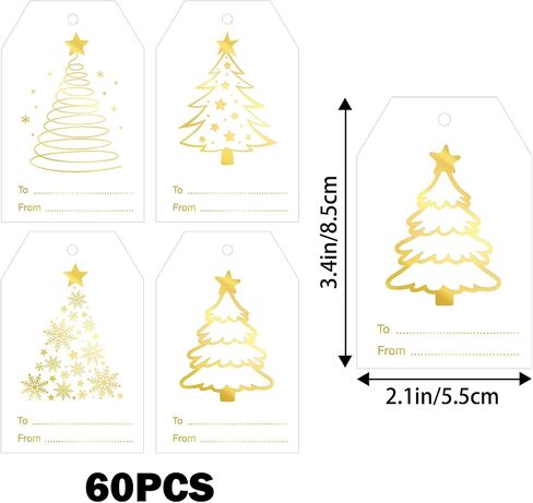 G2PLUS 60Pcs Gold Christmas Gift Tags - 4 Styles Christmas Name Tags, Xmas Tree Holiday Paper Gift Tags with String for DIY Crafts, Party Favors, Gift Exchange, Stocking Stuffers in Saudi Arabia
