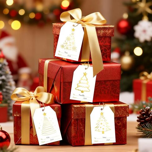 G2PLUS 60Pcs Gold Christmas Gift Tags - 4 Styles Christmas Name Tags, Xmas Tree Holiday Paper Gift Tags with String for DIY Crafts, Party Favors, Gift Exchange, Stocking Stuffers in Saudi Arabia