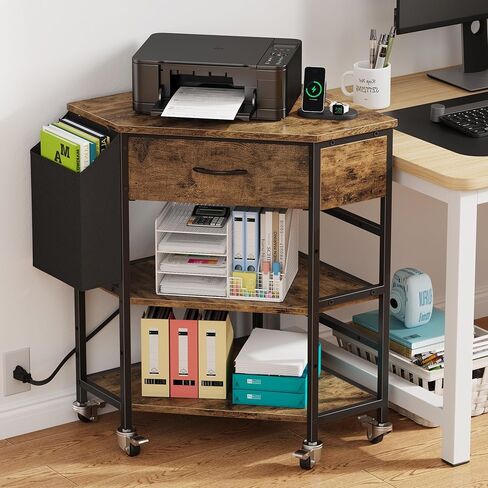 YAOHUOO Corner Printer Stand, Corner Table with Power Outlet/Storage Fabric Drawer，Printer Cart for Home Office with Height Adjustable Shelf/Side Pocket, Rustic Brown in Saudi Arabia