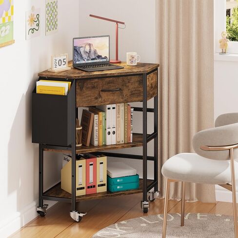 YAOHUOO Corner Printer Stand, Corner Table with Power Outlet/Storage Fabric Drawer，Printer Cart for Home Office with Height Adjustable Shelf/Side Pocket, Rustic Brown in Saudi Arabia