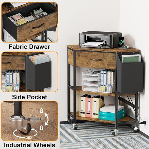 YAOHUOO Corner Printer Stand, Corner Table with Power Outlet/Storage Fabric Drawer，Printer Cart for Home Office with Height Adjustable Shelf/Side Pocket, Rustic Brown in Saudi Arabia