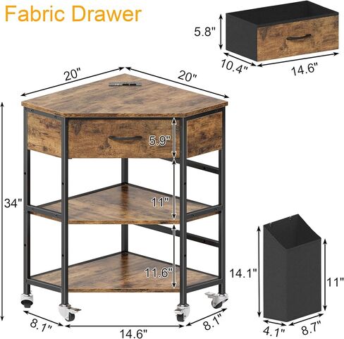 YAOHUOO Corner Printer Stand, Corner Table with Power Outlet/Storage Fabric Drawer，Printer Cart for Home Office with Height Adjustable Shelf/Side Pocket, Rustic Brown in Saudi Arabia